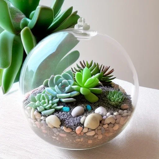 succulent terrarium in a glass bowl, pebbles, pastel colors, sunbeam, adorable, linen backdrop