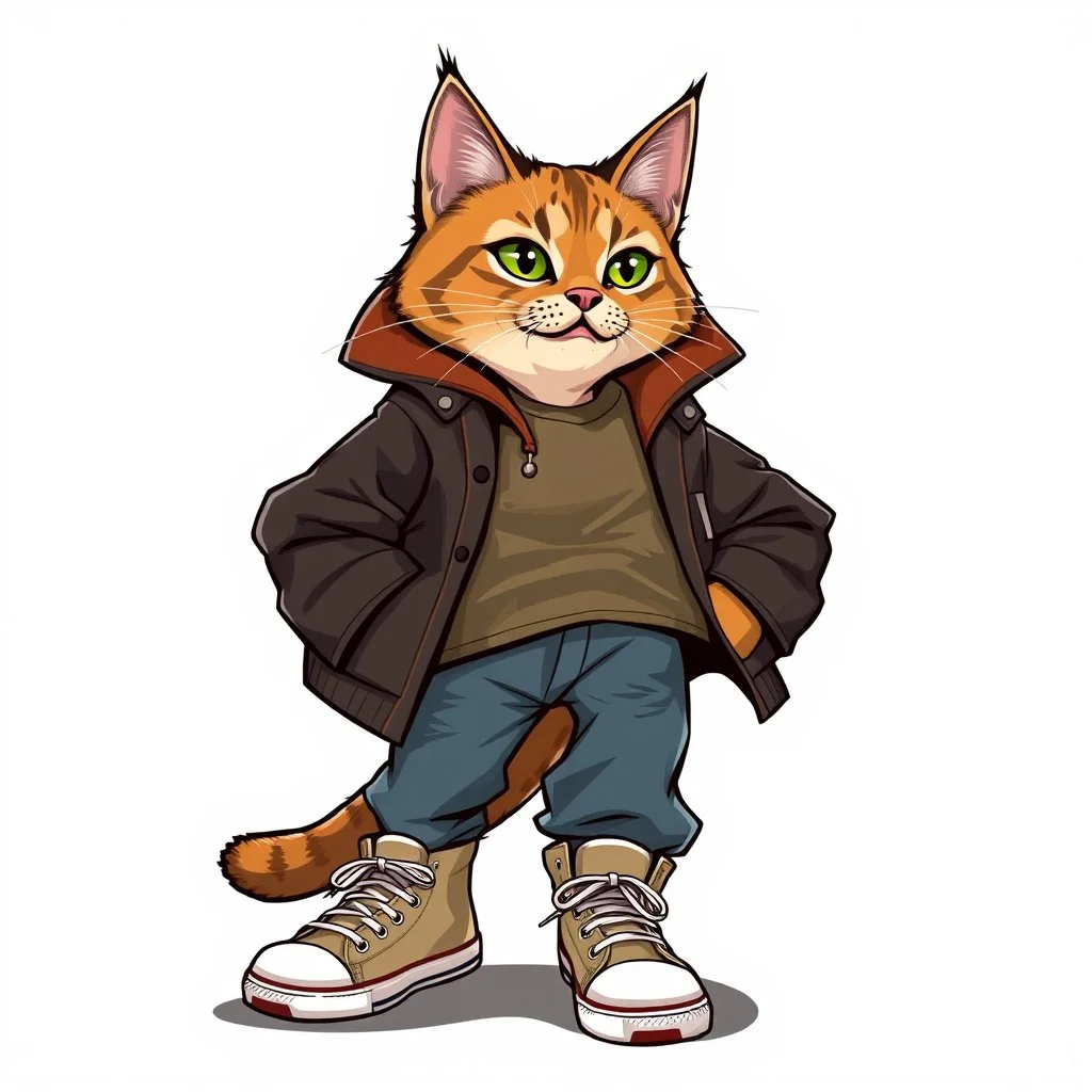 Vector illustration of anthropomorphic cat, with jacket, jeans and tennis shoes. Ultra quality, hyper detailed, work of art