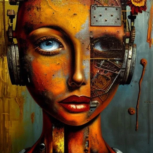 an abstract painting oil in canvas of rusted metal and flowers of busty female Robot, rust, scaffolding, iron cladding, decay, mixed media, textured, anatomically correct, beautiful perfect face, sharp focus, highly detailed, masterpiece, realistic, intricate detail, sci-fi fantasy style, volumetric lighting, particles, highly detailed ,cinamatic , deep colours, 8k, by Leonardo da Vinci , signed YAK