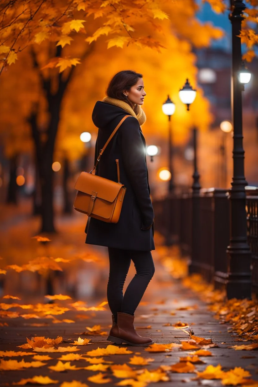 night yellow lights over the street trees autumn leaves under feet ,a Student adult girl with books in her hand walking in street looking to camera