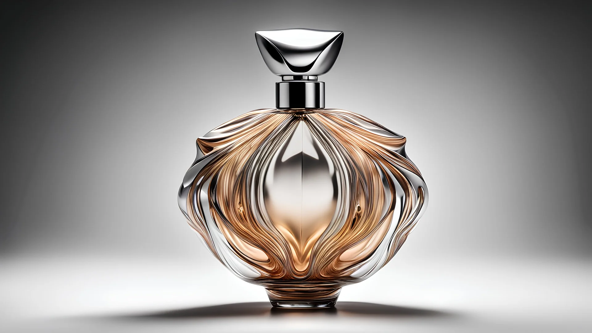 Imagine a perfume bottle that defies conventions and sparks the imagination. Picture a design so unique and captivating that it becomes a work of art, seamlessly blending aesthetics with fragrance. Conceptualize this extraordinary perfume bottle, focusing on an out-of-the-box and breathtakingly beautiful design - blink – and – you – miss – it detail, Shot on a Hasselblad high format camera with a 100mm lens. Unmistakable to a photograph. Cinematic lighting. --Chromatic Aberration