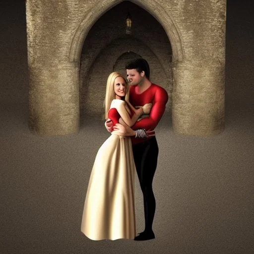 A photo realistic portrait of a stunning blonde girl and muscular dark haired man in a lovers embrace standing in front of a medieval castle