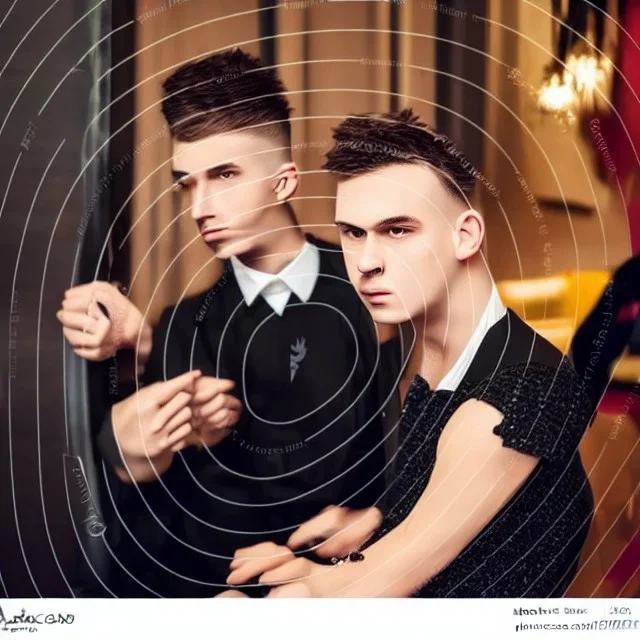 Russian guy student boy boyish boylike short man's haircut men's face boyish features female figure in black girlish lacy cocktail dress earrings in restaurant