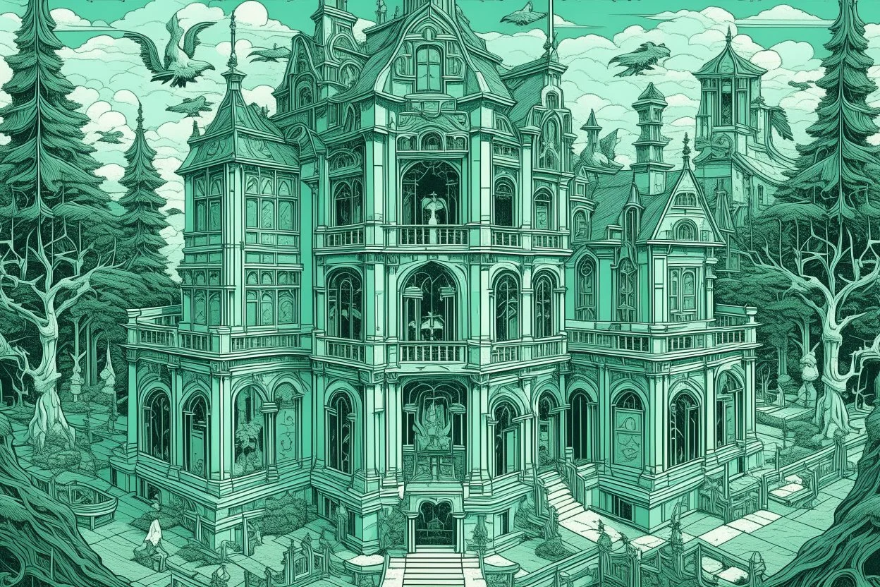 A mint colored haunted mansion with ghosts painted by MC Escher