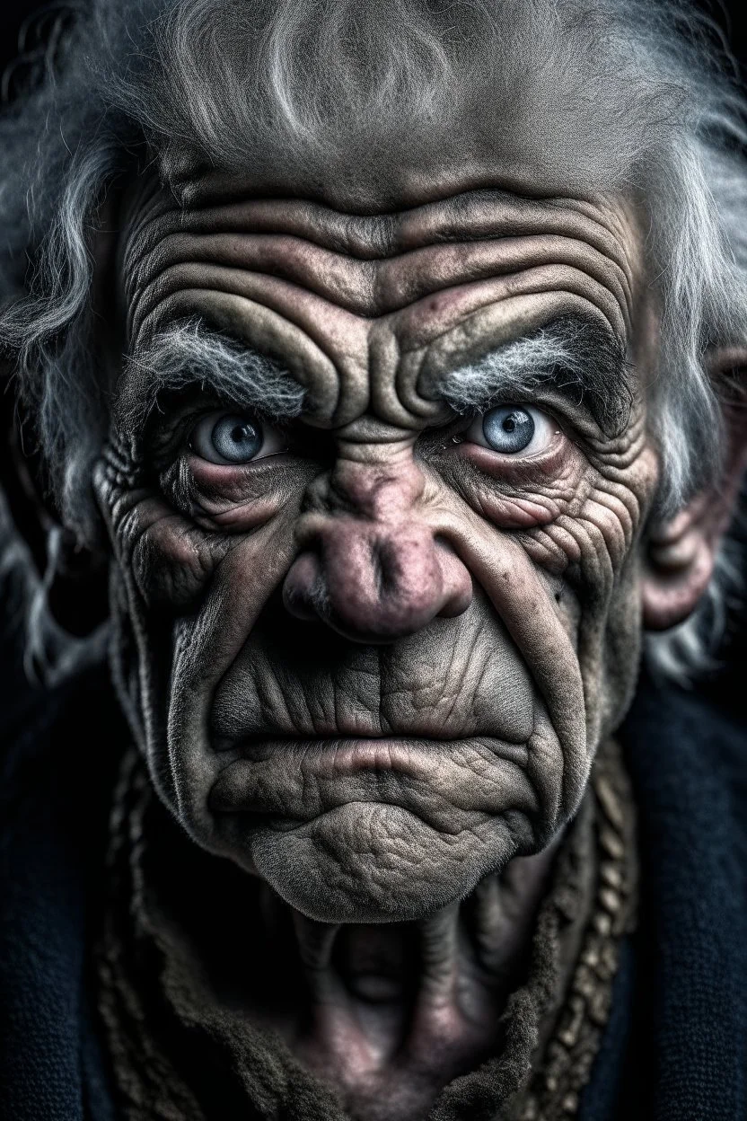 Portrait of an old ogre, malevolent look, blue eyes, salt and pepper hair,