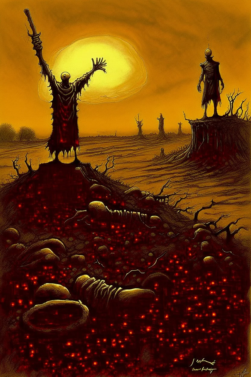 zombie priest being sucked down into a tar pit at sunset only head and one arm above the tar, raising an arm holding a bible, modern stylish oil painting, by Ted McKeever style, by Zdzislaw Beksinski, ink wash mind-bending illustration, dark shine, by VS Gaitonde