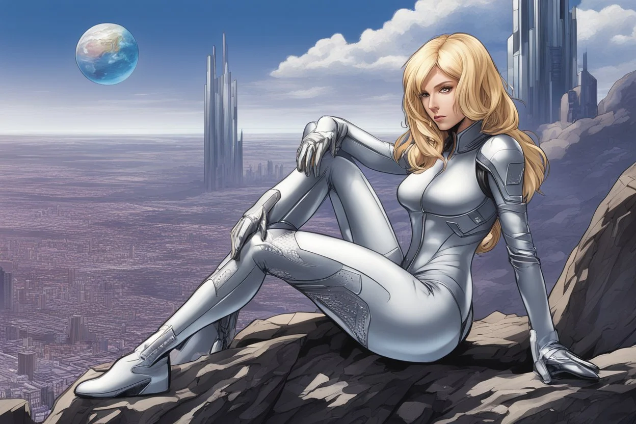 woman in an android-looking catsuit, with shoulder-length blond hair, sitting on a rock, sideways, with a planet behind her, a futuristic city on the horizon