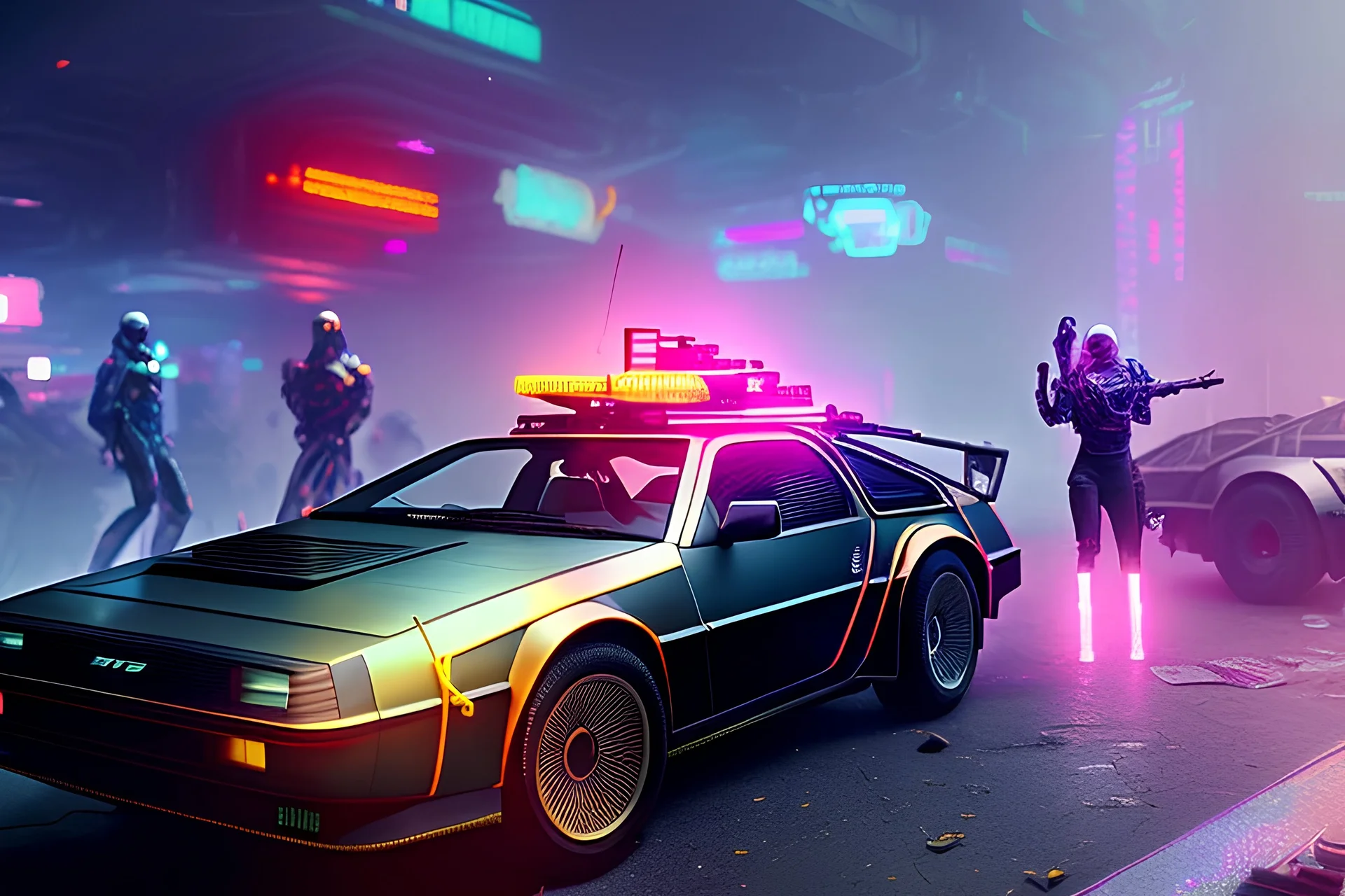 cyberpunk army DeLorean,cyberpunk 2077,center composition, ultra realistic,shiny, smooth, studio quality, octane render, Surrealism, Triadic colour scheme,glow-stick, ambient lighting,nightclub lighting, polaroid, 100mm, --ar 1:1 --v4