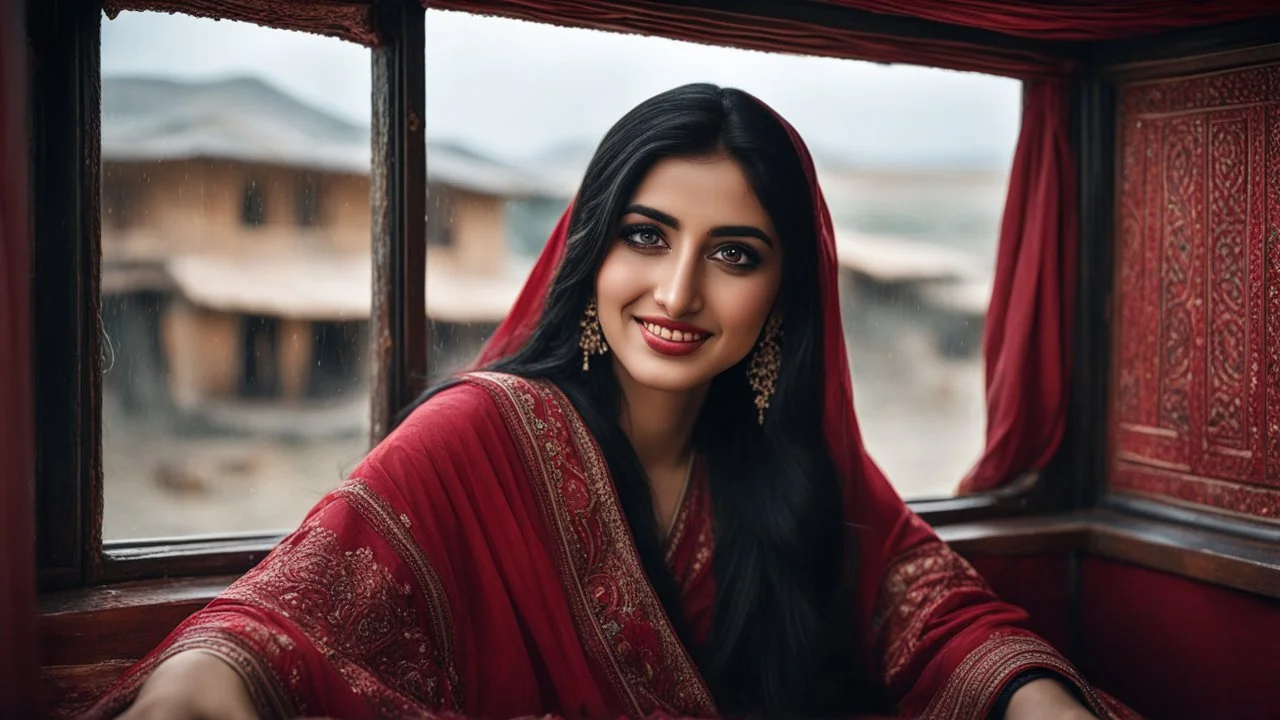 Hyper Realistic Photographic Close View Of A Beautiful Pakistani Pashto Young Woman Sitting Alone Inside A Traditionally Decorated Pakistani Buss And Looking Outside From That Pakistani Buss's Window, Woman Is Smiling, Have Beautiful Eyes & Beautiful Long Black Hair Whirling From Outside Window (Wearing Black Dress With Maroon Embroidery & White Dupatta) At Beautiful Rainy Weather Showing Dramatic And Cinematic Ambiance.