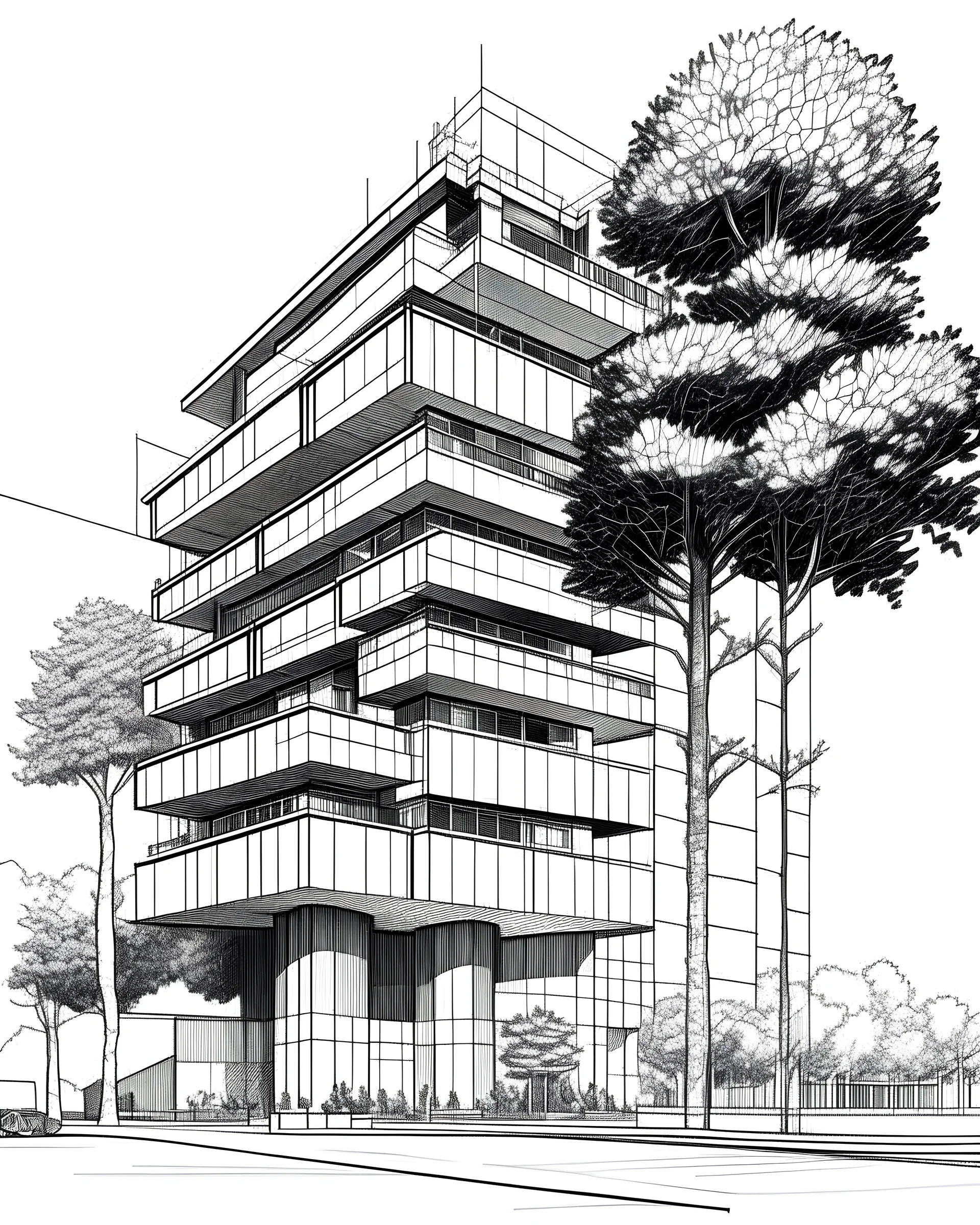 Dibujo arquitectónico de un edificio de cinco pisos, moderno, diseñado aplicando la proporción, estilo brutalista, calidad ultra, gente, árboles