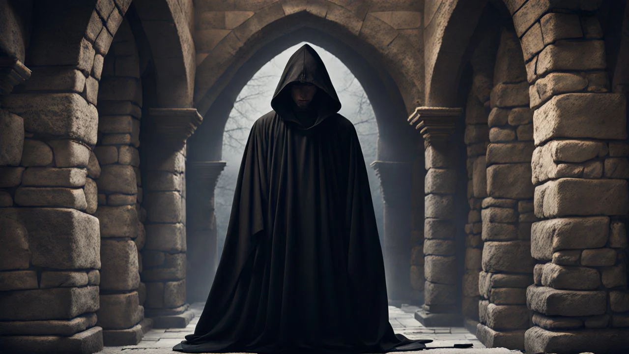 black robe hooded monks in the stone castle