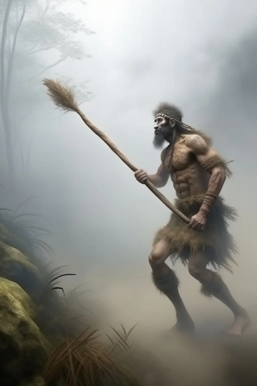 Amazon jungle a foggy mist cloudy , a big giant from Stone Age wearing a fur skin and holding a big stick