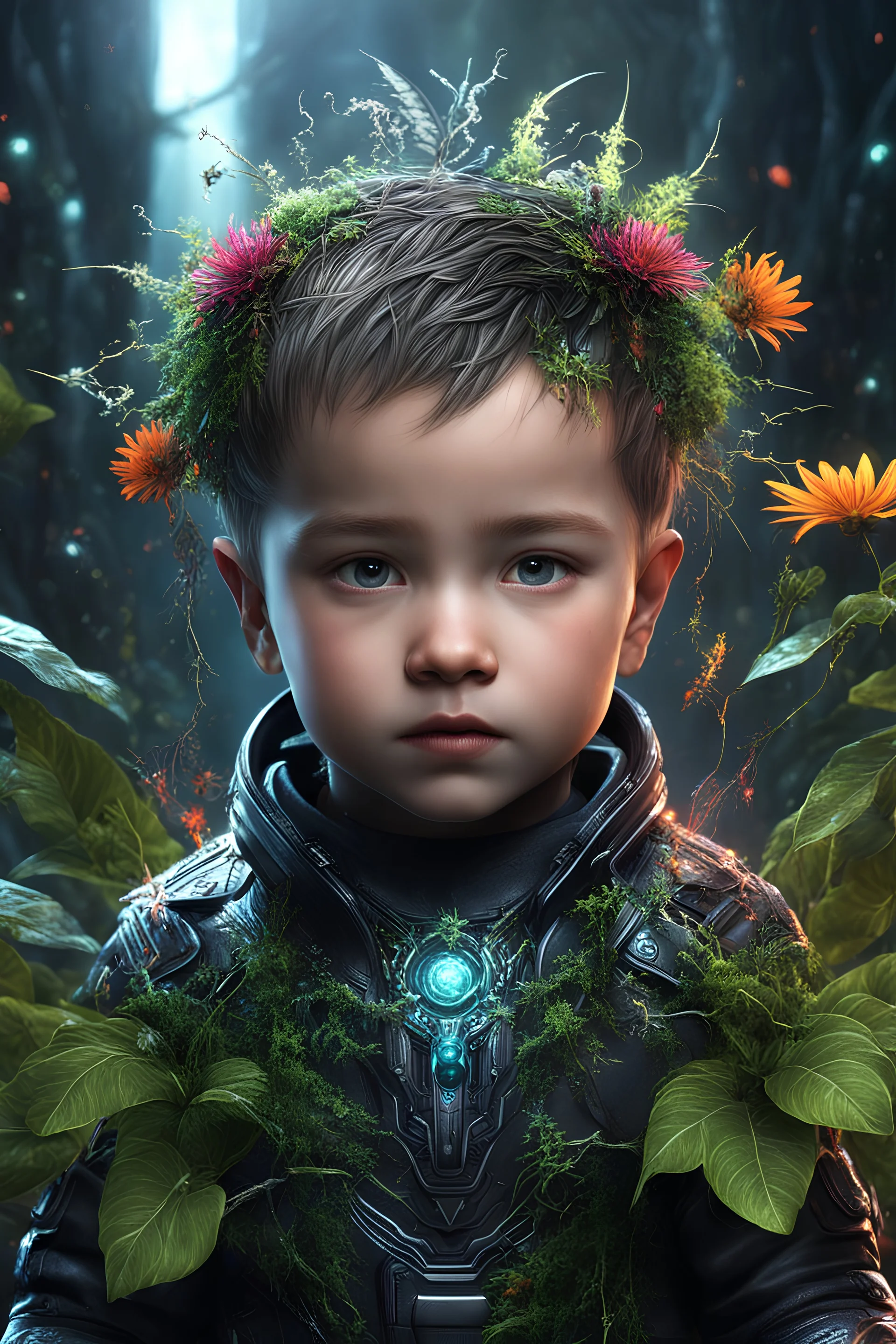 Expressively detailed and intricate 3d rendering of a hyperrealistic: Caucasian baby boy, cyberpunk plants and flowers, neon, vines, flying insect, front view, dripping colorful paint, tribalism, gothic, shamanism, cosmic fractals, dystopian, dendritic, artstation: award-winning: professional portrait: atmospheric: commanding: fantastical: clarity: 16k: ultra quality: striking: brilliance: stunning colors: amazing depth