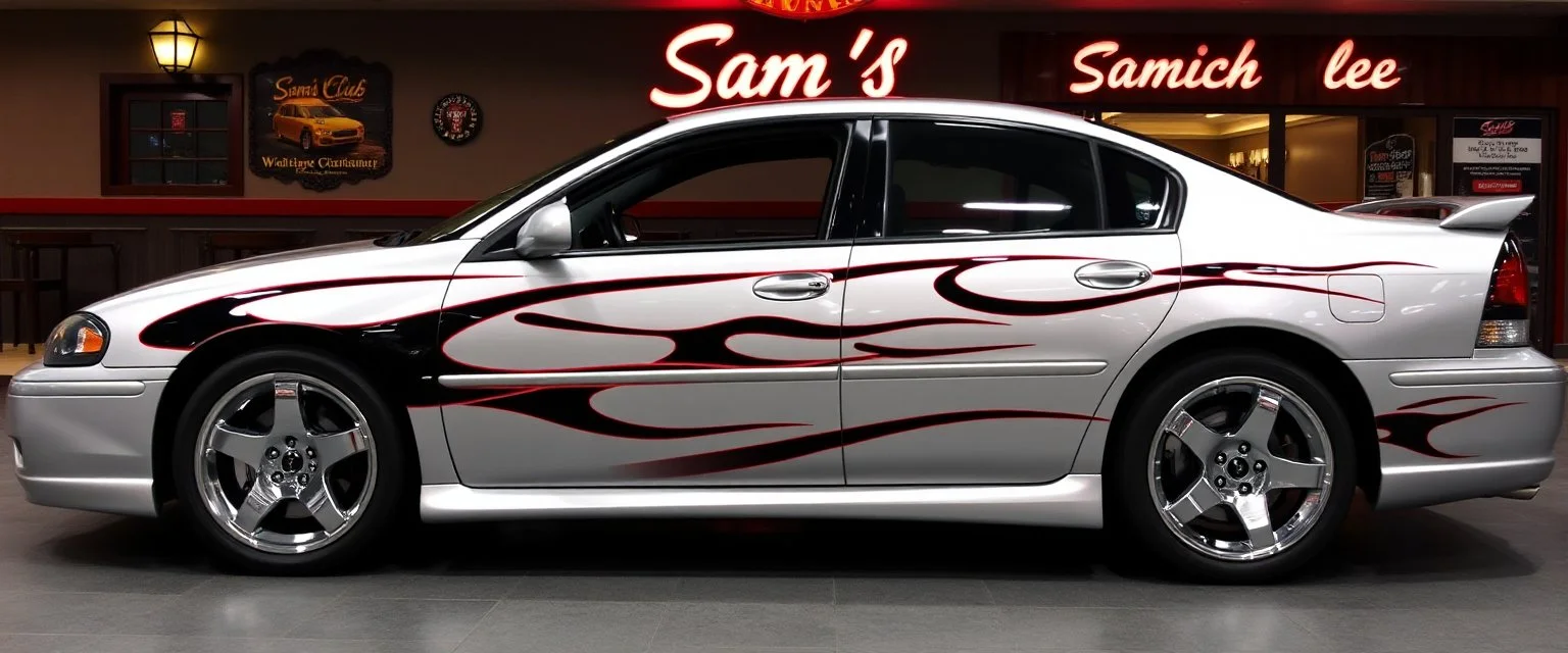 suped up 2004 chevy impala supersport musclecar, silver with black flames outlined with a thin red pinstripe, in front of Sam's club, SuperSport car, impressive, VIP, award winning, detailed