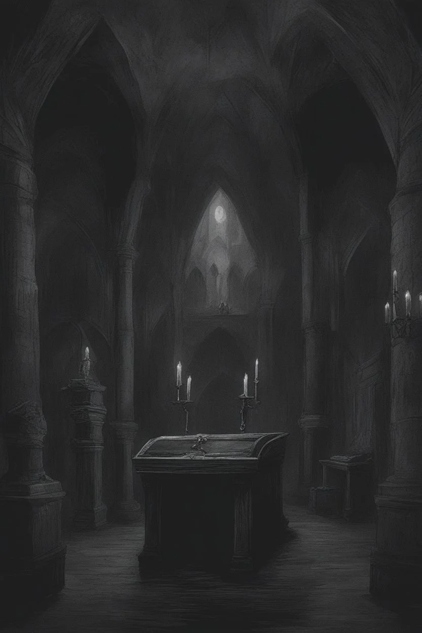 The inside of the toomb of Strahd Von Zarovich. Dark and foreboding, with a polished ebony coffin.