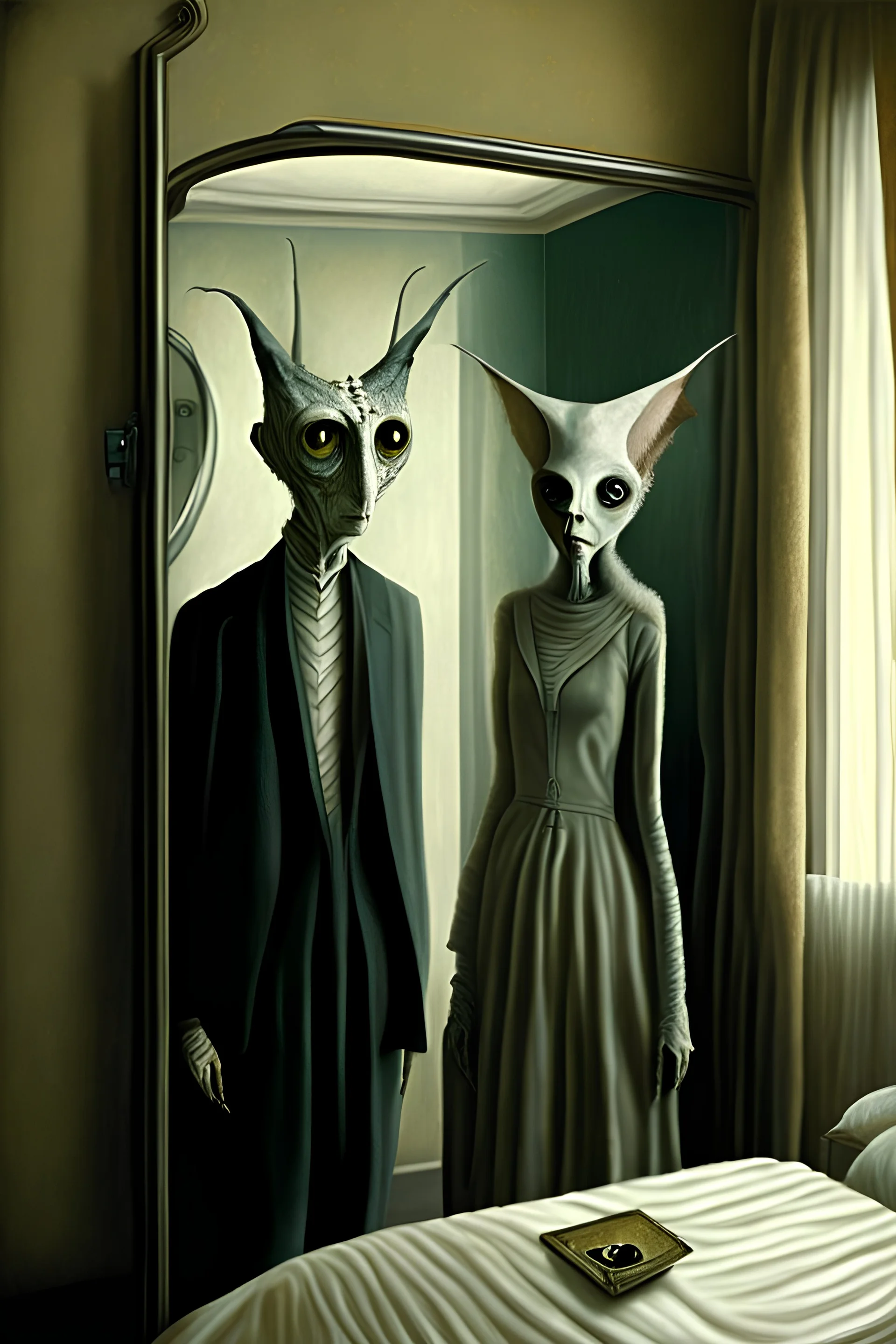 a couple male and female with distinct personality by ashley wood, leonora carrington, hieronymus bosch and mark ryden, alone in a hotel room : : portrait through a mirror : : ultra - detailed technical precision : : matte painting, high definition 3 d render, unreal engine, Profoundly explored space-time revelations