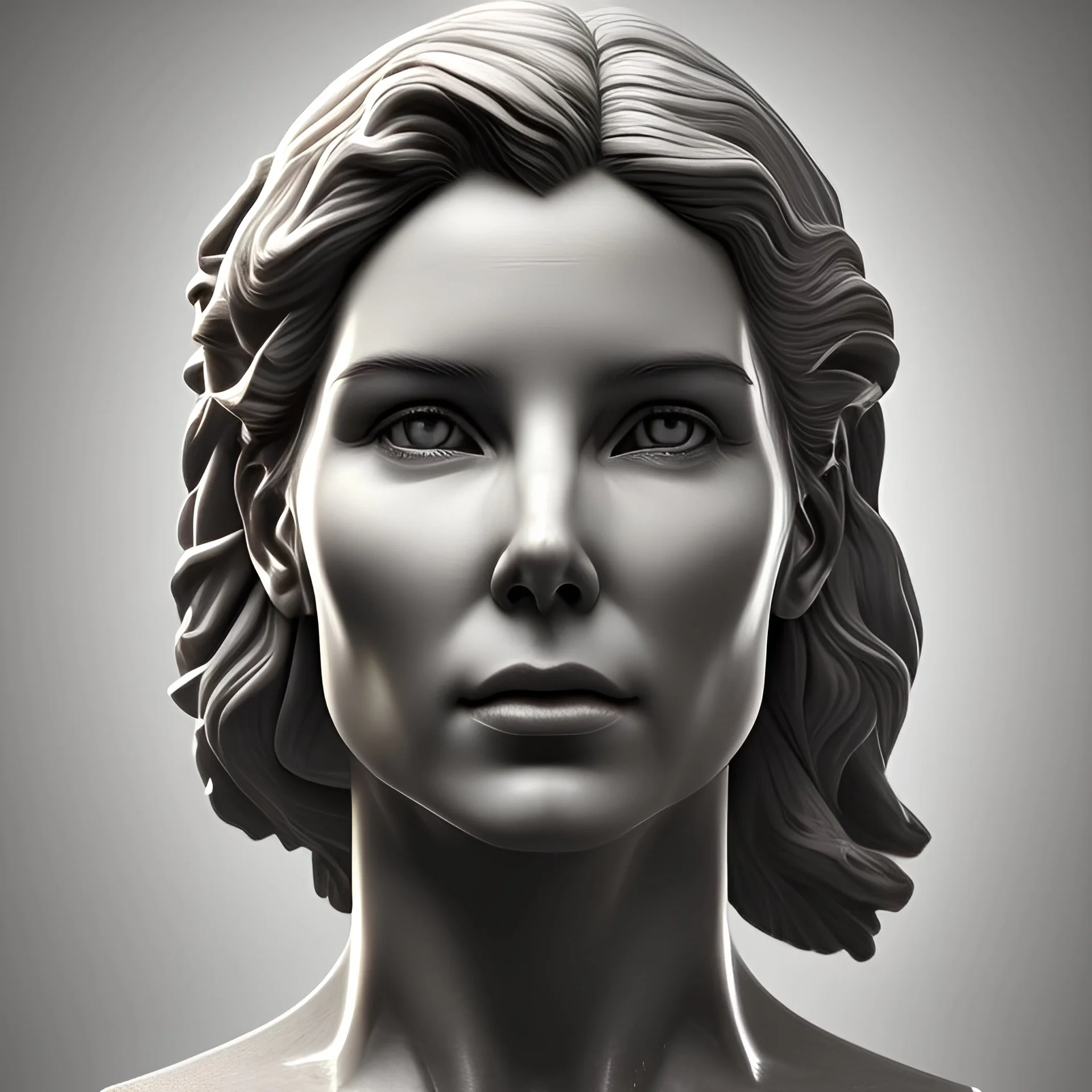 Ultra Realistic image, roman sculpture, deluxe white marble material, Sandra Bullock with brown laser eyes, Renaissance style, miguel angel style, chisel style, emperor, waist up portrait, epic, celestial, cinematic lighting, God light, god rays, 4k resolution, smooth details, ornate details, unreal engine 5, blue sky background.