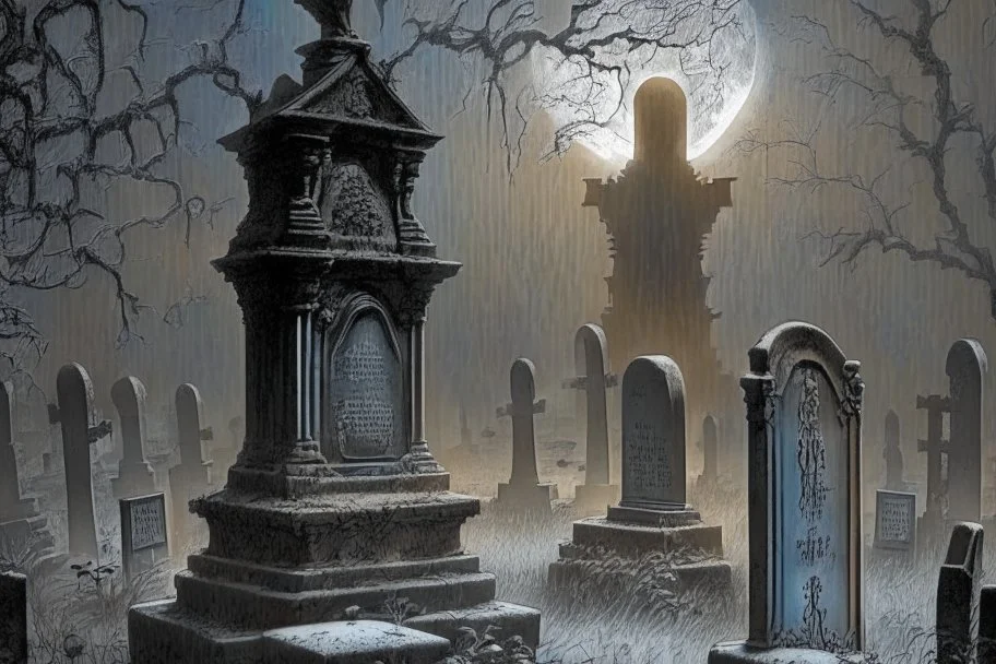 Cemetery with a ghostly figure looming over the scene:: hauntingly beautiful:: intricately detailed ::monochromatic color scheme:: dark and ominous