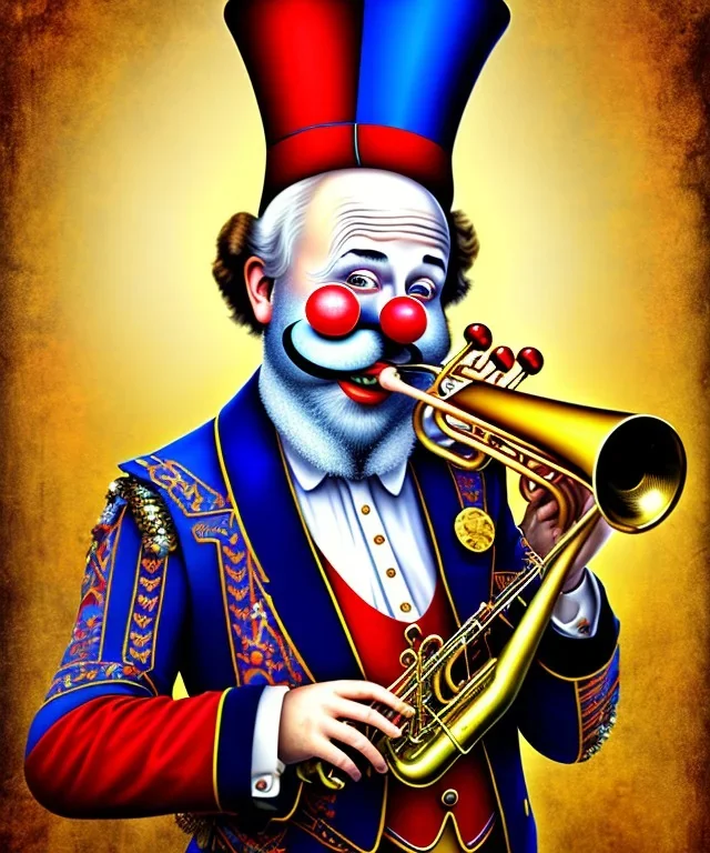 happy old friendly clown with round head and trimmed beard playing jazz with a steampunk theme, trumpet on mouth, circus, realistic