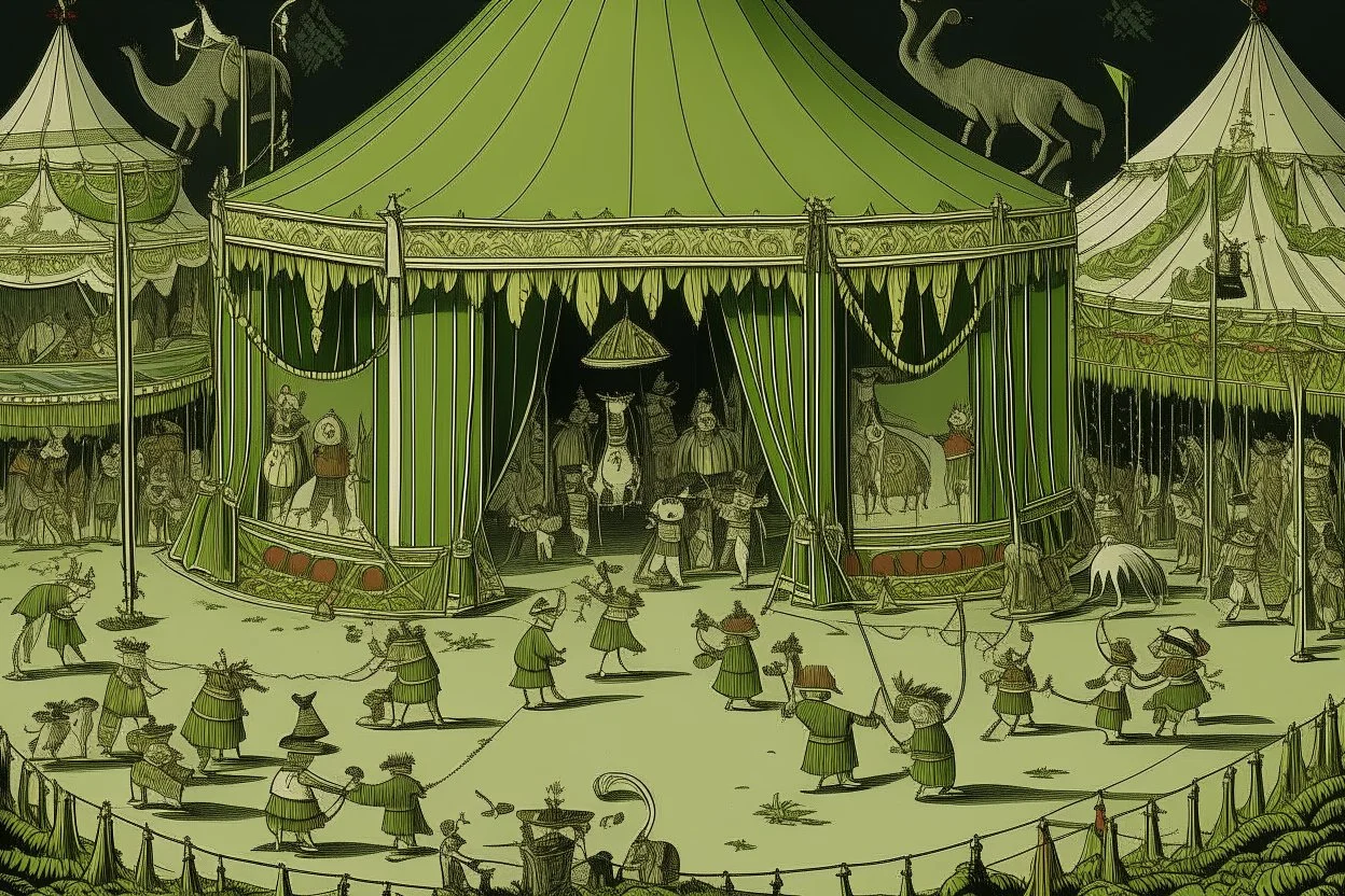 An olive green Halloween themed circus designed in Bayeux tapestry painted by Francis Danby