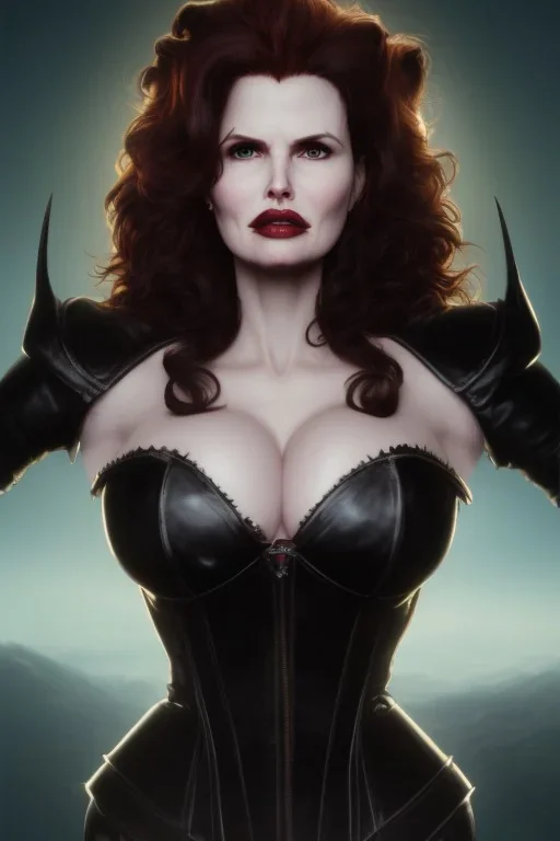 Geena Davis as evil queen in black leather, leather, busty, cleavage, angry, rage, stern look. character design by cory loftis, fenghua zhong, ryohei hase, ismail inceoglu and ruan jia. unreal engine 5, artistic lighting, highly detailed, photorealistic, fantasy