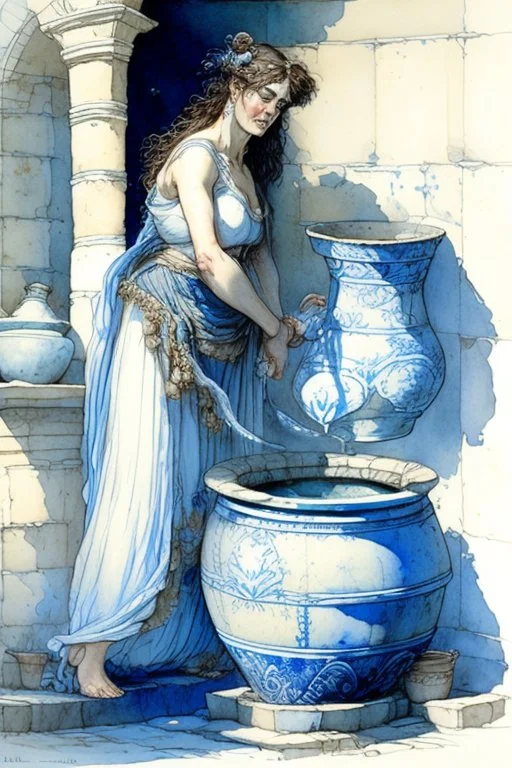 A woman in an ancient Roman dress pours water from an amphora into a pot in a blue and white bathroom, by Jean-Baptiste Monge, watercolour and ink, highly detailed, award winning, crisp quality in sunshine