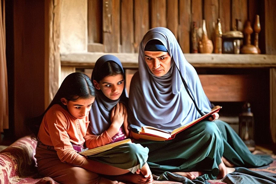 A close-up scene of an Arab mother reading the story from a book with her children around her in the room of the old wooden house near the fireplace 100 years ago.