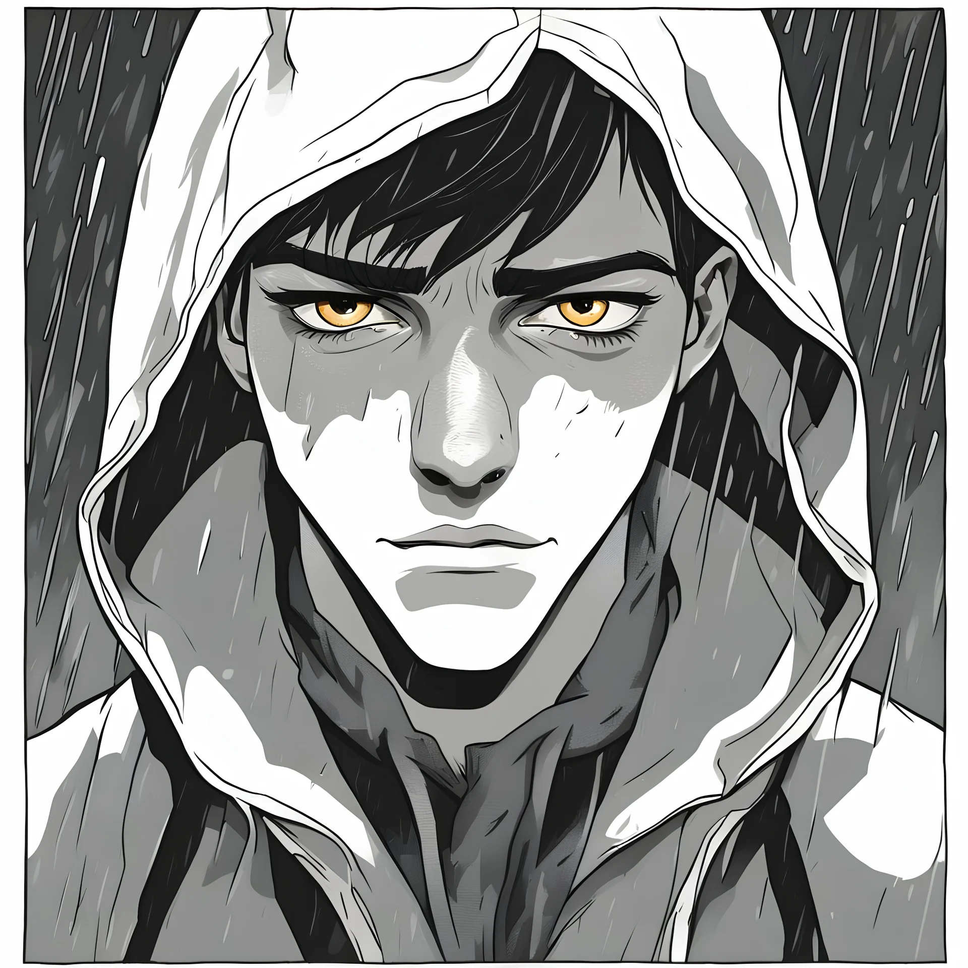 a closeup of a young man with white eyes in a heavy coat and hood during a rainstorm cartoon