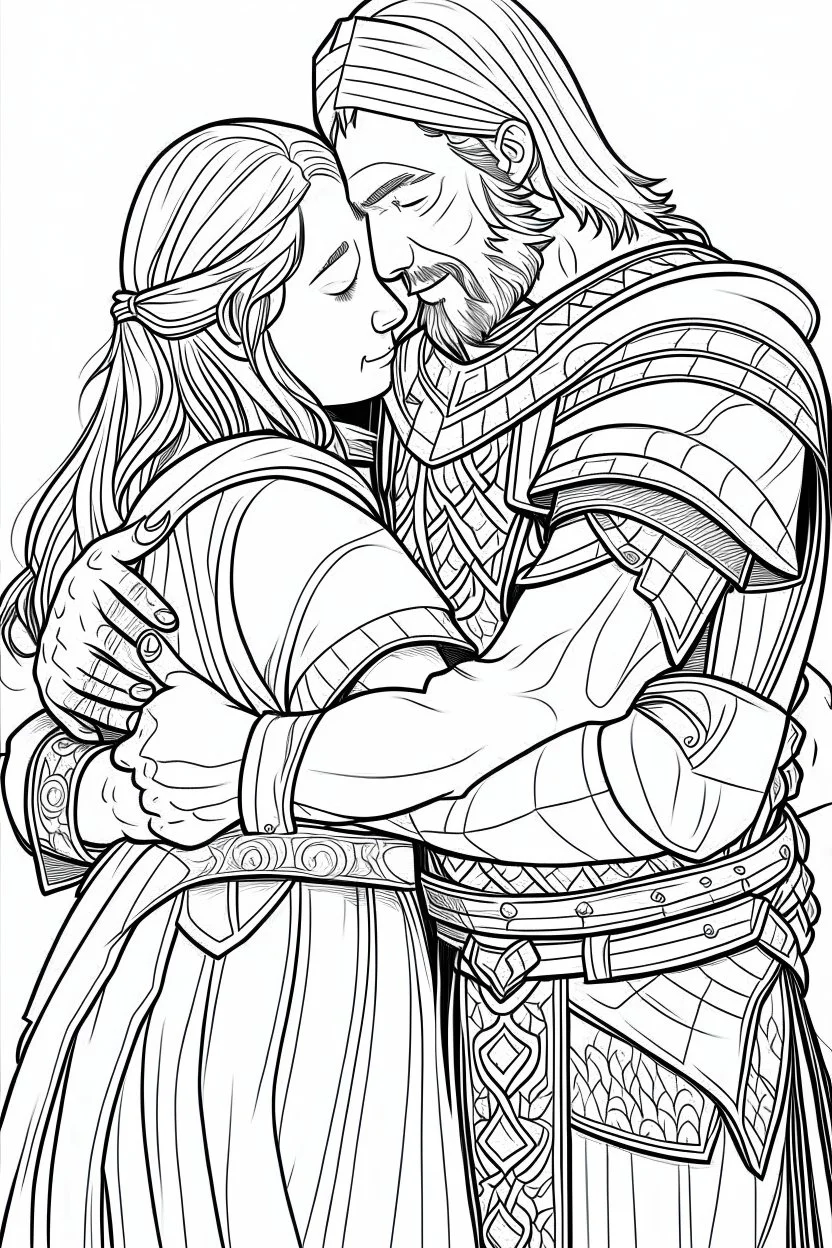coloring page, minimal detail. HD. Woman hugging a male knight with a beard. No background detail.