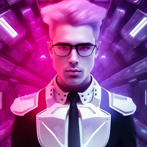 handsome man, cute man, handsome man in futuristic suits, black and white highlight hair color, pink and blue background, pink lighting, deep purple backlighting, smoke, robot suits,ant