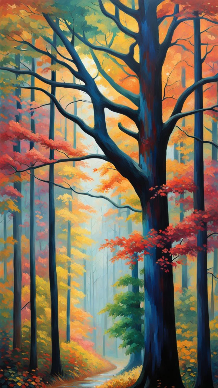 Bosque con árboles grandes, gruesos y frondosos, calidad ultra, hiperdetallado,12K, pintura arte baujaus impresionista maximalista, explosión de colores, increíble obra de arte