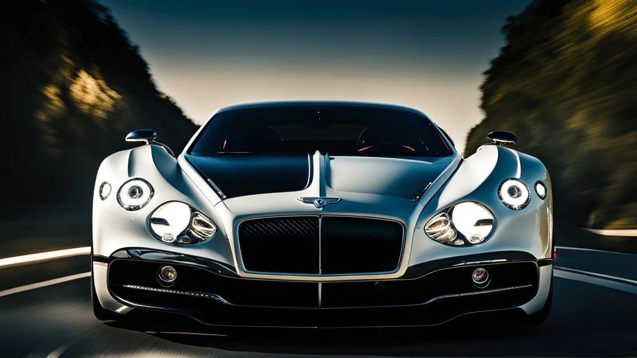 A sleek white shiny (((hypercar bentley))), its contours and details perfectly captured in a (((cinematic view))), zipping along a winding road under a beautiful blue black night sky