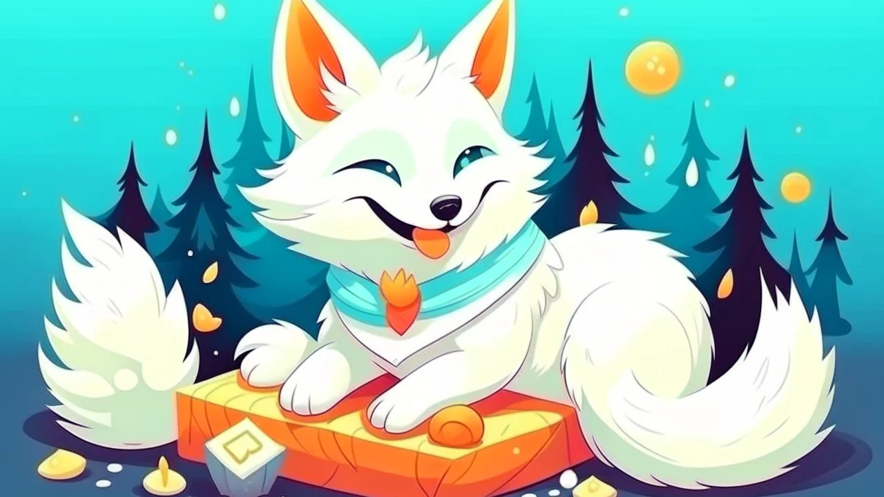 fantasy cartoon style illustration: happy Arctic white fox wraps Christmas gifts.