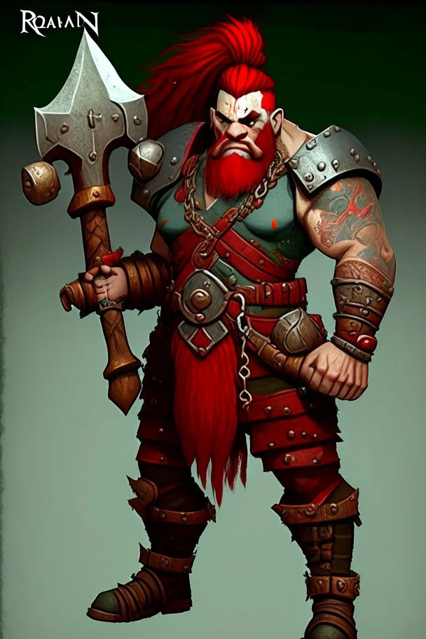 Rowan Hammerhead is the adopted son of a blacksmith. He spends his days hammering swords and breastplates, so he is very strong. He has large muscles and lots of dwarven tattoos. His hair is bright red and is formed into short dreads, with trinkets and ornaments adorning them. He proudly carries his prized warhammer on him at all times, with a head shaped like a Hammerhead shark