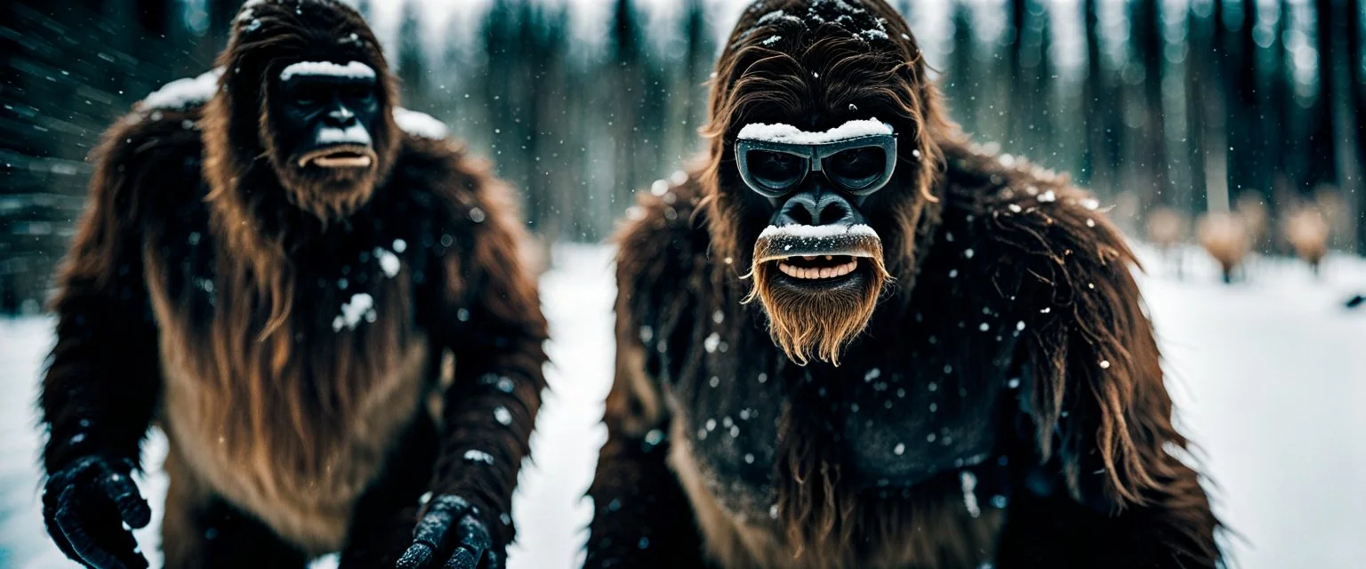 close up documentary photography, Hominidae, Yeti, sasquatch, bigfoot, National Geographic, weird, Dystopian, Japanese, Extreme depth of field, bokeh blur, winter, blizzard, Alberta, all-natural, in the style of candid, imperfection, natural lighting, Professional shot, shot on Agfa, Fuji Film, Anamorphic lens, 1980s, --ar 4:5 --w 150 --style raw