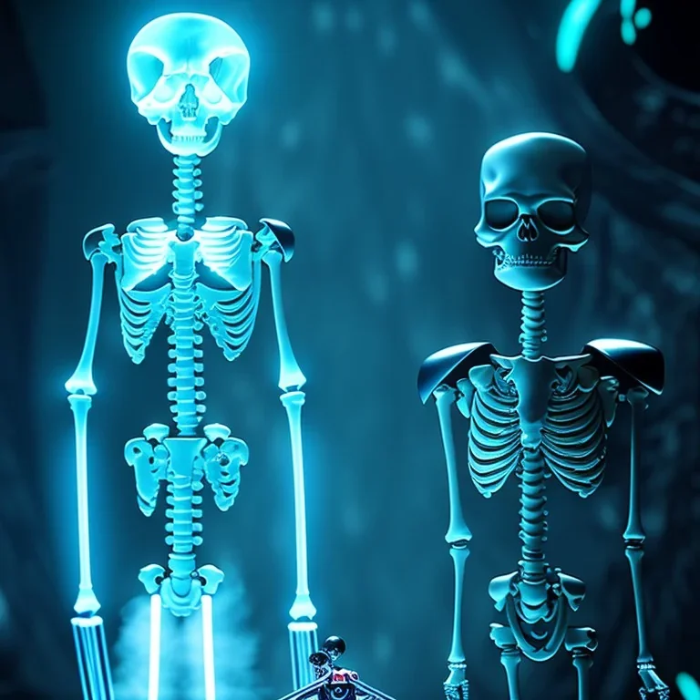 The Grim Reaper and the Skeleton in Tron world, discussing the future of the universe, art by Magritte and Pixar