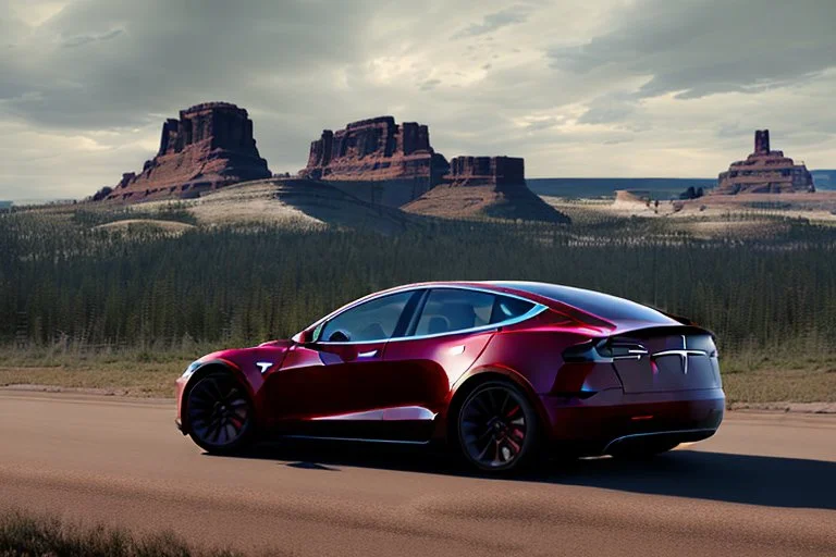 A Tesla 'Model Y' is going at a high speed, near the 'Devils Tower' in Wyoming. (CINEMATIC, WIDE ANGLE LENS, PHOTO REAL)