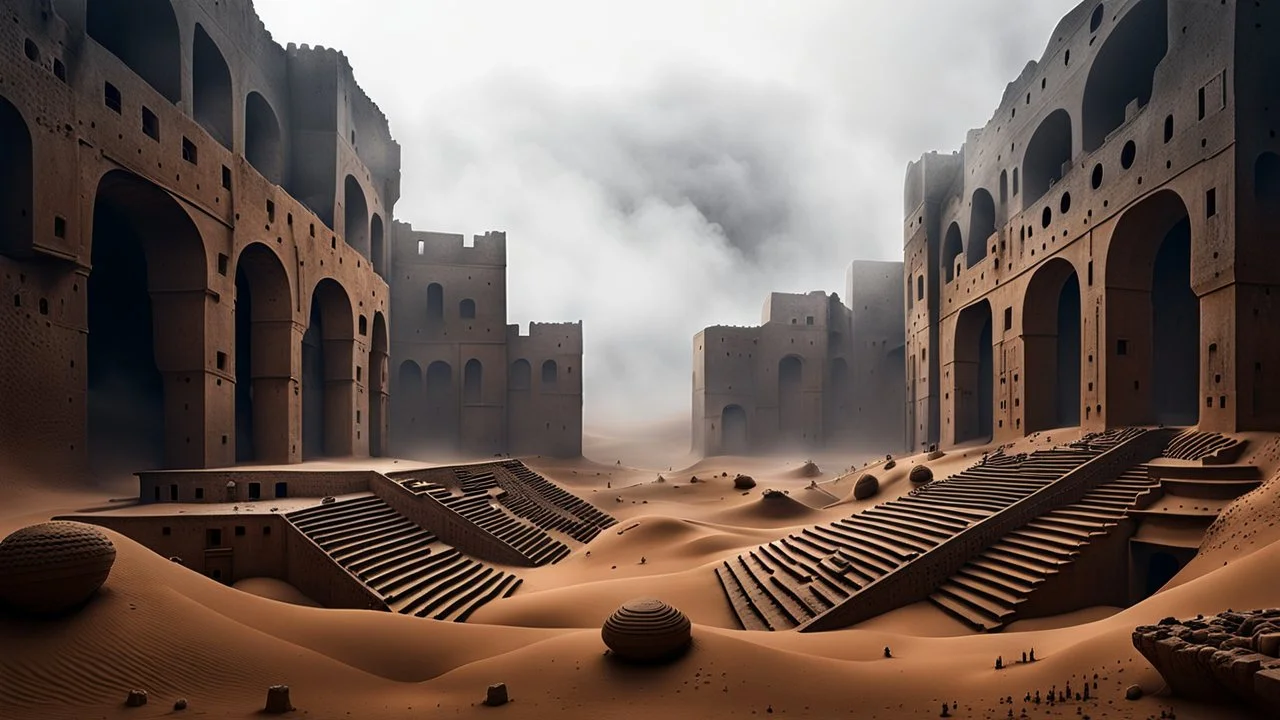 Dark surreal cinematic scene of gigantic brutalist megastructures merged with the ancient architecture of Ksar Ouled Soltane in the middle of a foggy desert. Ancient clay vaults integrated into raw concrete monoliths, mysterious atmosphere, ultra realistic, highly detailed textures, volumetric fog, dramatic lighting, dystopian archaeology, soft blowing sand, ominous mood, wide cinematic framing, brutalism meets Berber architecture, photorealistic