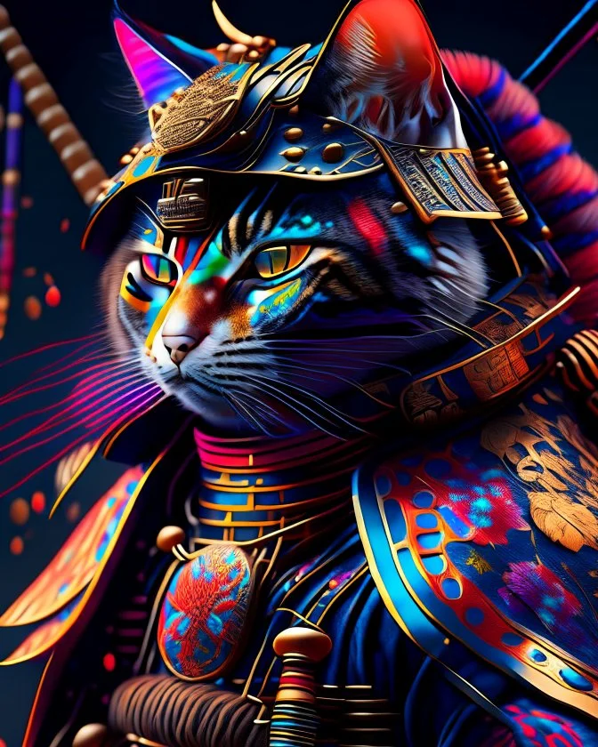 Gato Samurai cuerpo completo gráfica digital hiperdetallado maximalismo colores contrastantes cinematográfico 8k