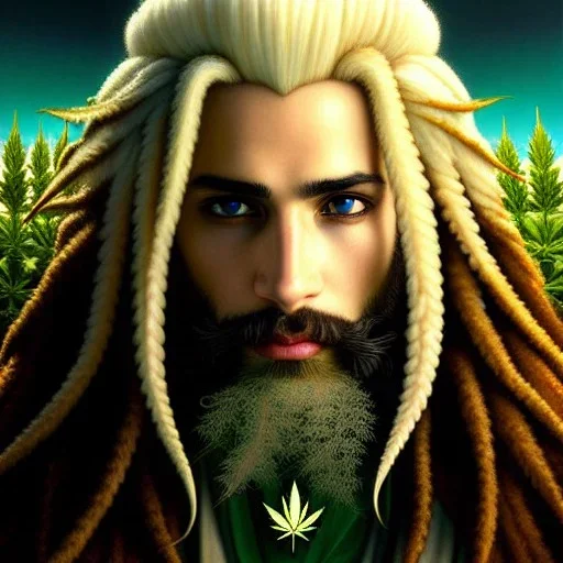 Kyle Rising of Sensi Trails, his handsome and highly detailed white face, long multi-hued golden blond hair, gothic, highly detailed, digital painting, highly detailed background of marijuana leaves, artstation, smooth, sharp focus, illustration, art by lisa frank, artgerm and greg rutkowski and alphonse mucha and william adolphe bouguereau, reggae