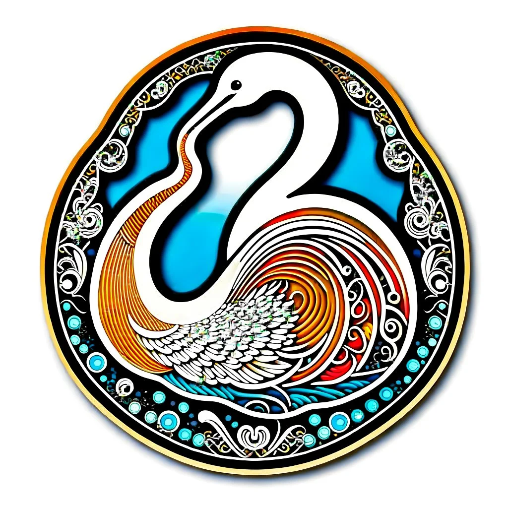 Sticker design on white background, swan in a lake in Anton Gaudi style, enameled, intricated details, photorealistic