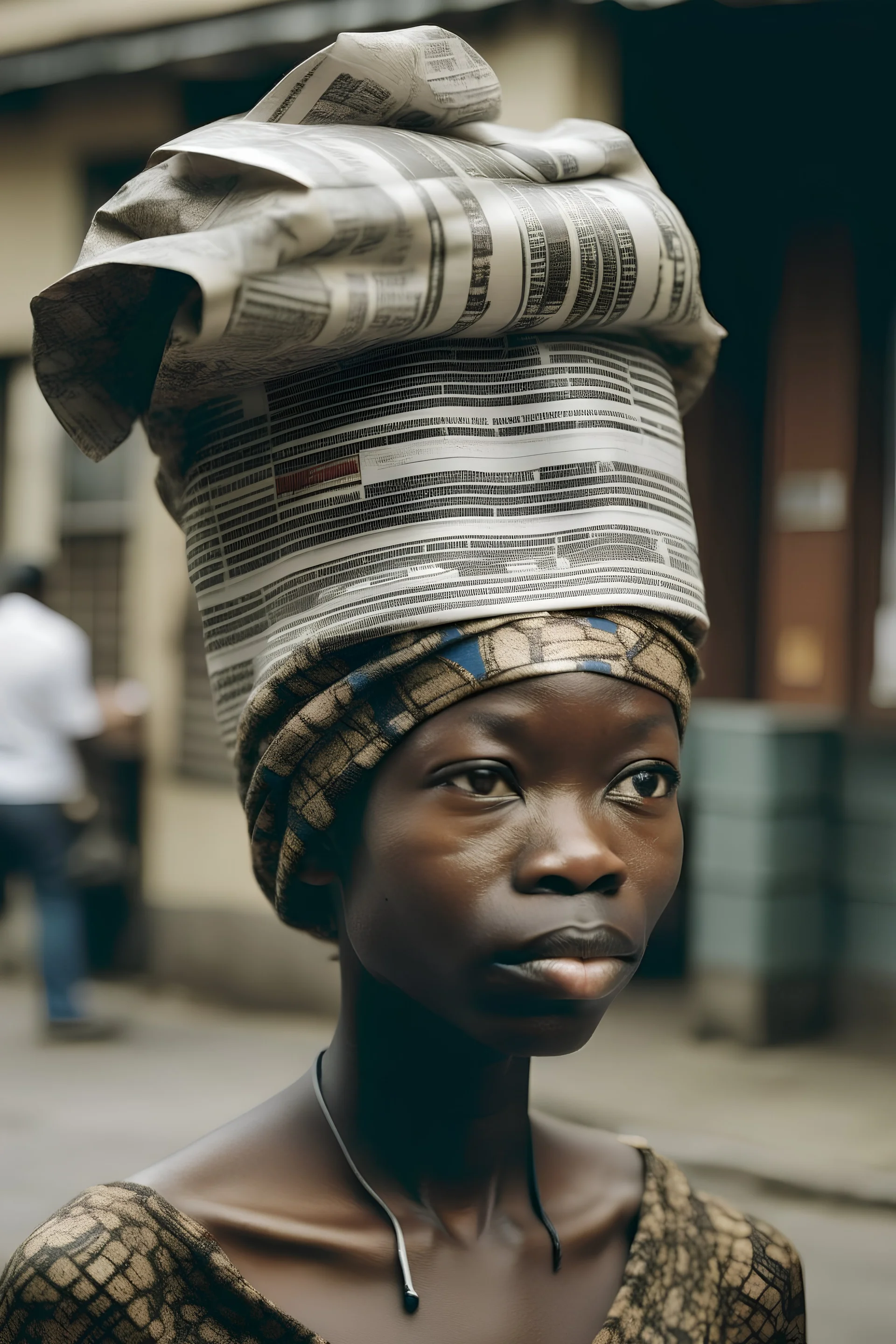 African Woman with her head replaced with news paper as her head