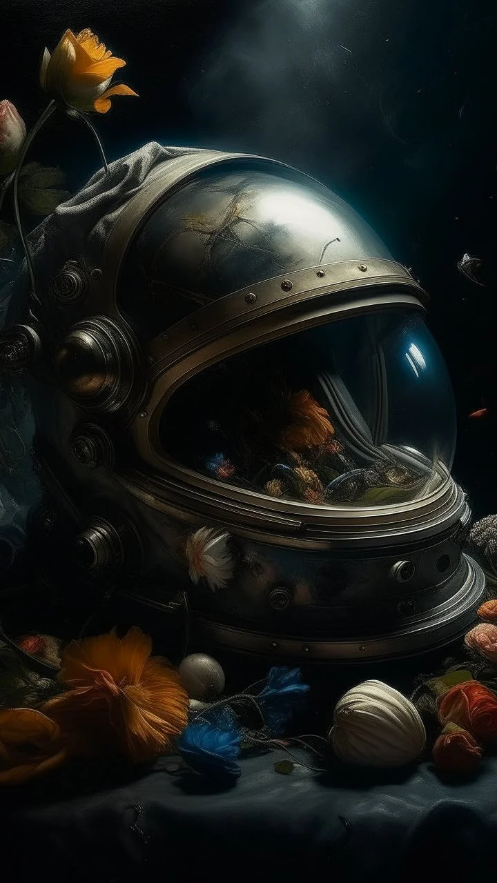 Bosch nightmares paining style Title:an astronaut helmet , dark color flowers 8k artistic photography, photorealistic concept art, soft natural volumetric cinematic perfect light, chiaroscuro, award-winning photograph, masterpiece, oil on canvas, Raphael, Caravaggio, Greg Rutkowski, people, beksinski, Giger