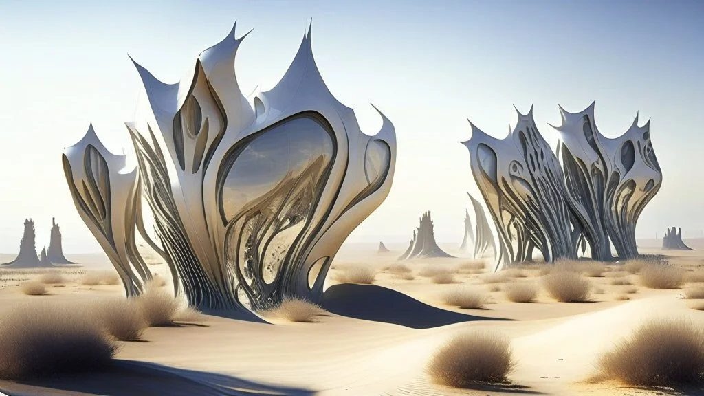 An otherworldly landscape filled with biomechanic organic composition buildings that have a striking resemblance to living organisms. The buildings are adorned with titanium scale skin that glimmers in the sunlight, giving them an ethereal quality. Windows that mimic gills line the structures, creating a mesmerizing visual effect. As walkers traverse the landscape, they can't help but stop and admire the intricate design of the buildings, marveling at the seamless fusion of nature and machinery.