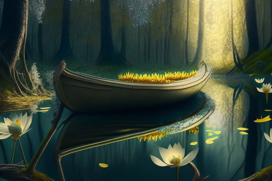 narcissus in boat, in forest by lake, book illustration, fine detail, 4k, trending, volumetric light, depth of field