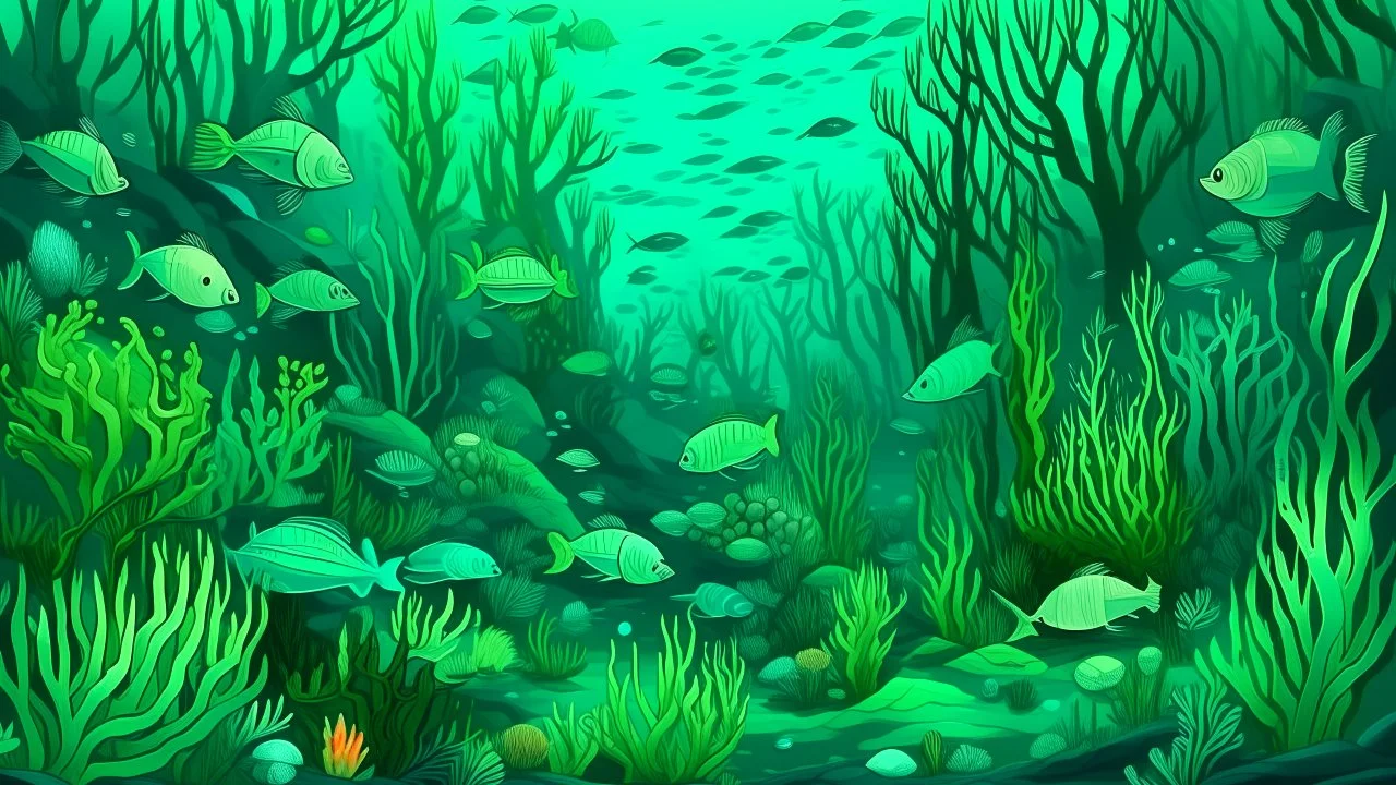 A bluish green underwater coral reef with fish in Surrealism art style