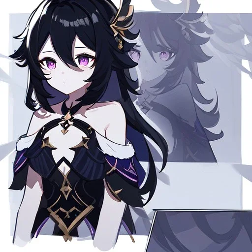 Clear focus, High resolution, rough line sketch art, long black hair, hair between eyes, fluffy hair, purple eyes, wearing a off shoulder shirt, no spaghetti strapes, dark aura, 1girl, wearing a skirt, genshin impact, wearing a little bit revealing outfit