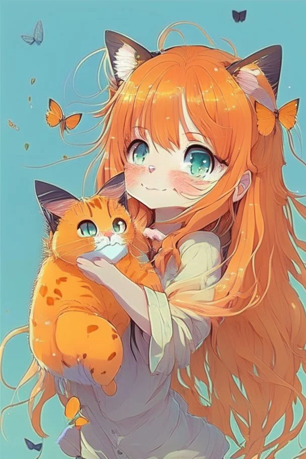 very cute anime cat with long orange hair catching a butterfly