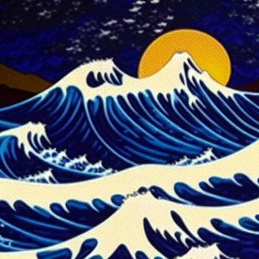 The Great Wave off Kangawa,coast, lighthouse,rocks, fullmoon, mount fuji, by Van Gogh 8k