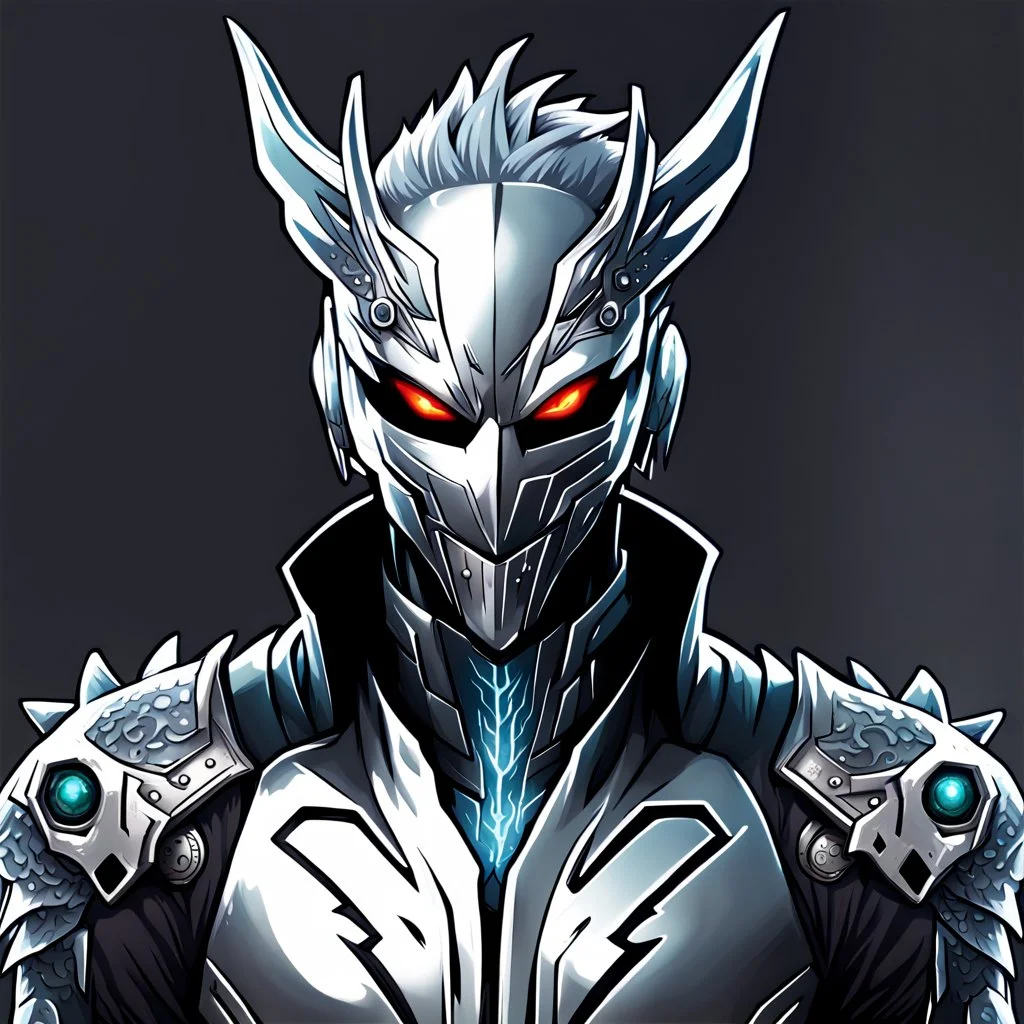 Logo silver skinned anime Dragman cyberpunk with dragon mask in his eyes (((full body)))